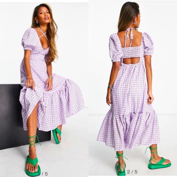 New Topshop Textured Puff sleeve Gingham Midi tiered Dress Lilac Romantic, 10 - Picture 1 of 16